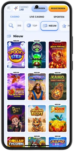 Startpagina van het casino met nieuwe spellen