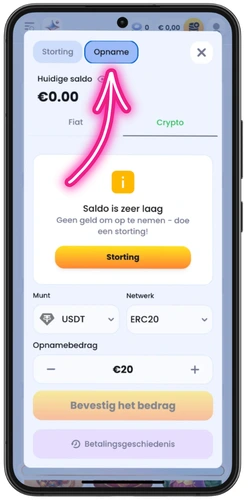 Opname in USDT via het tabblad Crypto