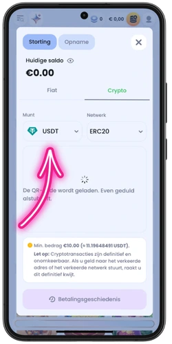 USDT en netwerk ERC20 kiezen in de kassa